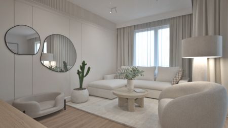 Wnętrze salonu w stylu boho i japandi z jasnymi meblami