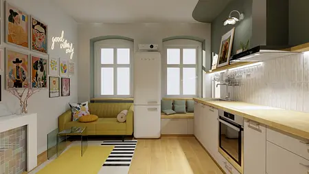 Wnętrze kuchni w stylu boho z akcentami vintage, eklektycznymi dekoracjami i dopaminowym wystrojem.