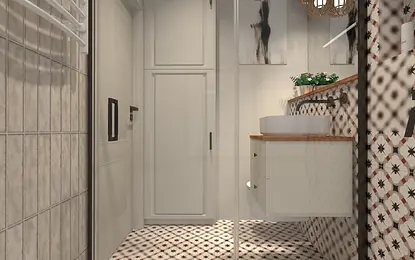 Wnętrze łazienki z białą umywalką, drewnianymi detalami i eklektycznymi płytkami.