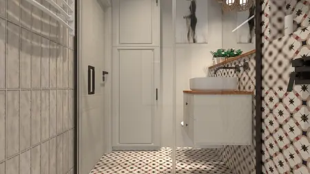 Wnętrze łazienki z białą umywalką, drewnianymi detalami i eklektycznymi płytkami.