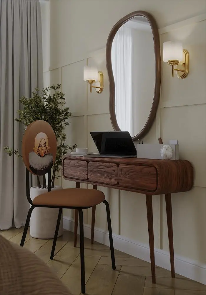 Wnętrze biura w stylu art deco i eklektycznym z biurkiem i lustrem