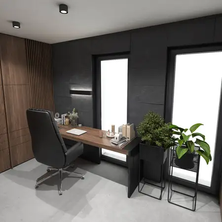 Gabinet z drewnianym biurkiem, nowoczesnymi roślinami, minimalistycznym designem.
