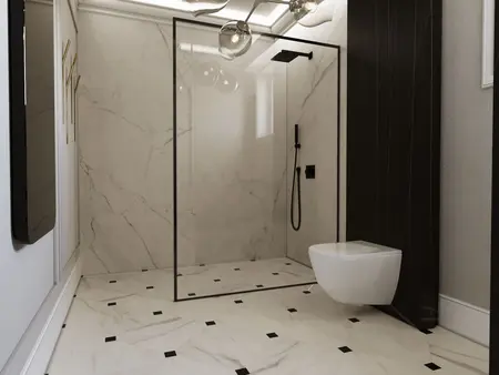 Nowoczesna łazienka z prysznicem, w stylu glamour, quiet luxury i współczesnym.