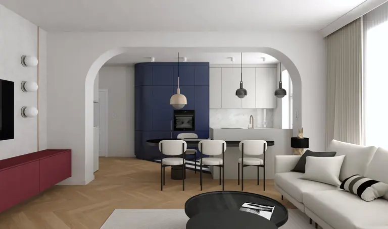 Wnętrze kuchni w stylu art deco z niebieskimi meblami i nowoczesnymi akcentami.