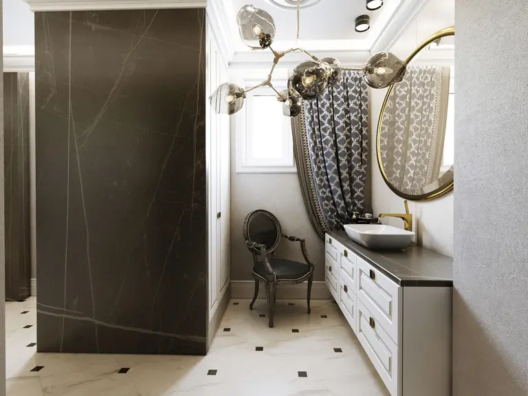 Wnętrze łazienki z nowoczesnymi elementami glamour i quiet luxury, jasnymi i ciemnymi akcentami.