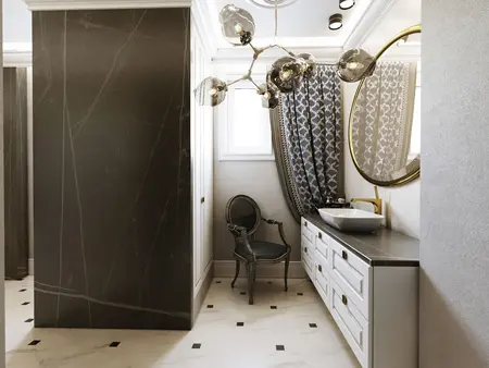Wnętrze łazienki z nowoczesnymi elementami glamour i quiet luxury, jasnymi i ciemnymi akcentami.