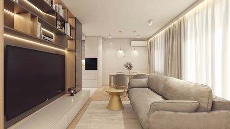 Nowoczesny salon z szarym sofą, drewnianą półką i jasnymi zasłonami
