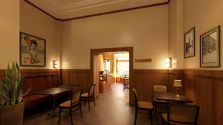 Wnętrze kawiarni z drewnianymi meblami i roślinami, styl vintage.