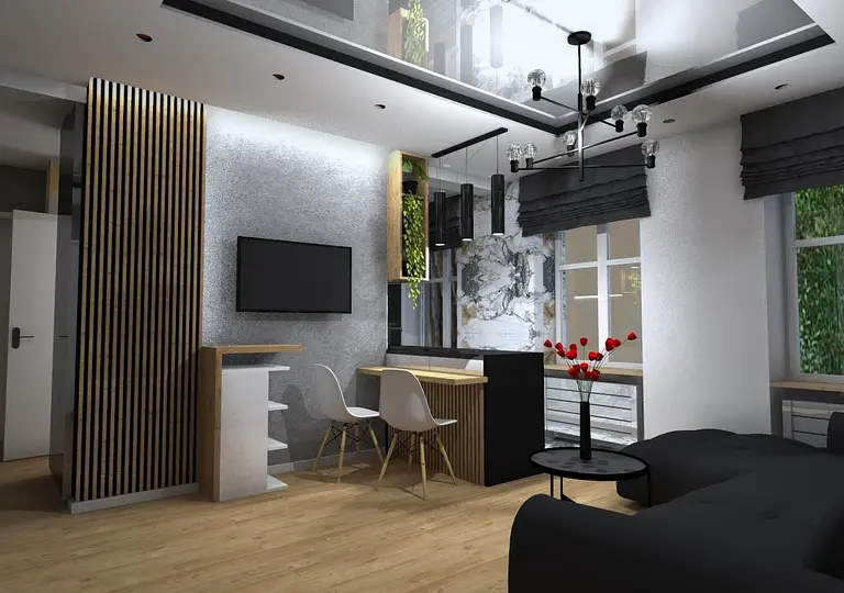 Wnętrze z industrialnym i skandynawskim stylem, drewniane meble, szare ściany, nowoczesne oświetlenie.