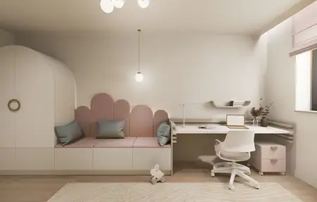 Pokój dziecięcy z minimalistycznym wystrojem, różową sofą i nowoczesnym biurkiem.