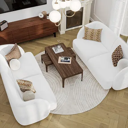 Wnętrze salonu w stylu art deco i eklektycznym z białymi sofami i drewnianym stolikiem.