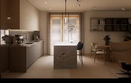 Nowoczesna kuchnia w stylu minimalistycznym z drewnianymi akcentami.