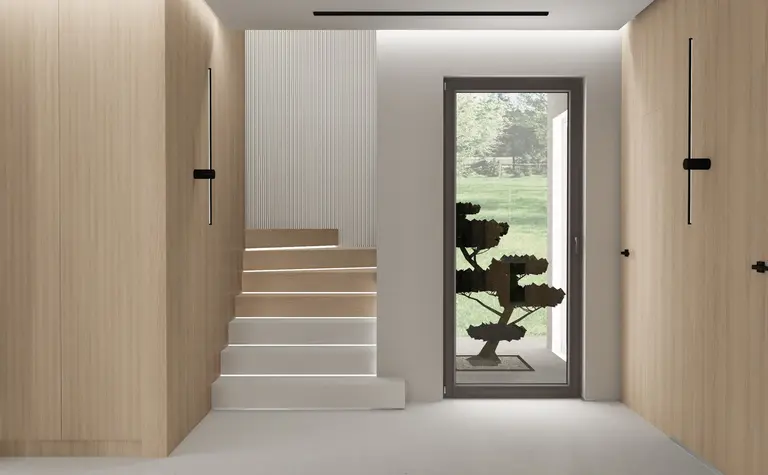 Przedpokój z drewnianymi elementami, nowoczesny design, quiet luxury, współczesny styl.