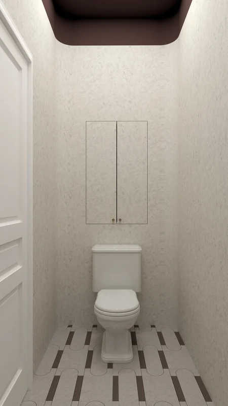 Toaleta z białym WC i szafką, styl art deco, minimaluxe, quiet luxury