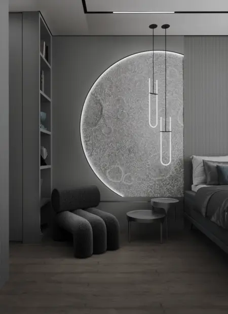 Minimalistyczna sypialnia skandynawska z szarymi ścianami i designerskimi meblami.