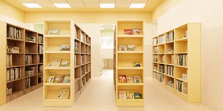 Biblioteka z żółtymi półkami, eklektyczne regały i nowoczesne meble.