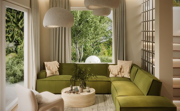 Wnętrze salonu w stylu boho i eklektycznym z zieloną sofą.