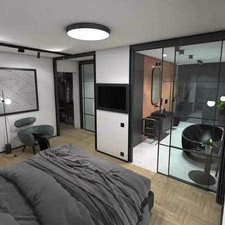 Wnętrze sypialni z minimalistycznym designem, szarym łóżkiem i czarnymi detalami.