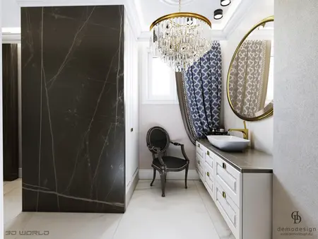 Elegancka łazienka w stylu glamour z nowoczesnymi akcentami.