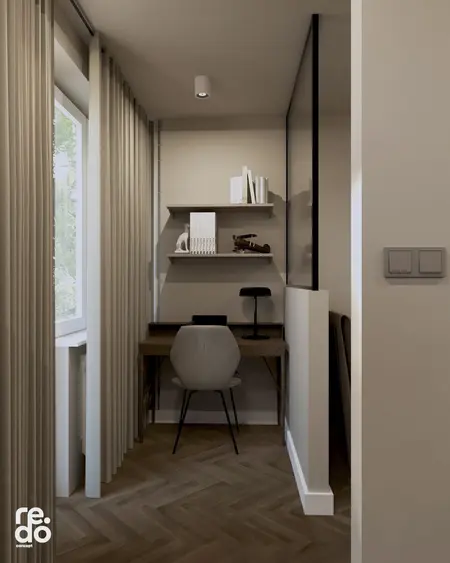 Minimalistyczny gabinet z biurkiem, półkami, nowoczesne detale, skandynawski styl.