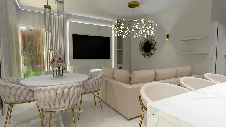 Wnętrze salonu z jasnymi meblami i eleganckim oświetleniem w stylu glamour.