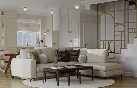 Wnętrze salonu w stylu art deco i eklektycznym z jasnymi meblami i drewnianymi akcentami.