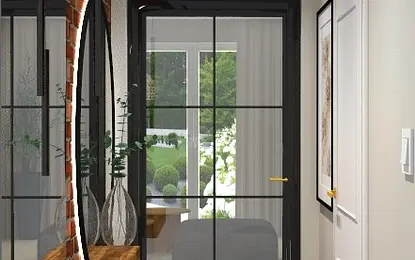 Przedpokój w stylu boho z drewnianą półką i lustrem, industrialne akcenty