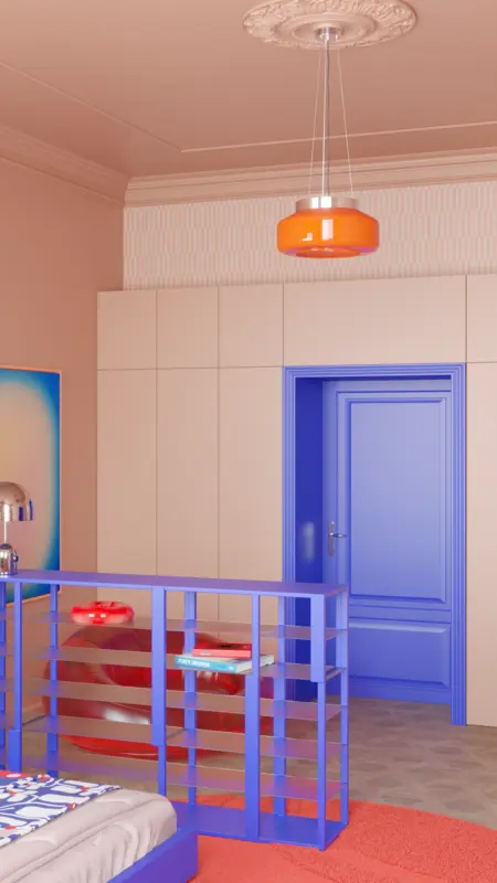 Wnętrze z niebieską balustradą, pomarańczową lampą i nowoczesnymi akcentami dopamine decor.