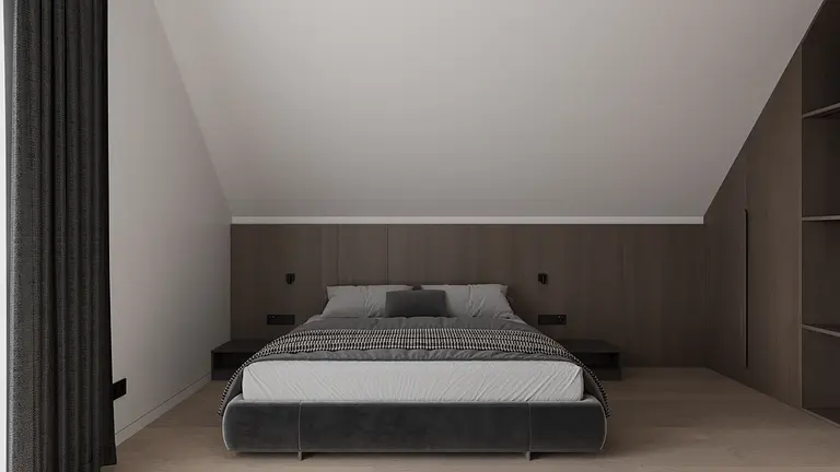 Wnętrze sypialni z szarym łóżkiem, minimalistycznym stylem.