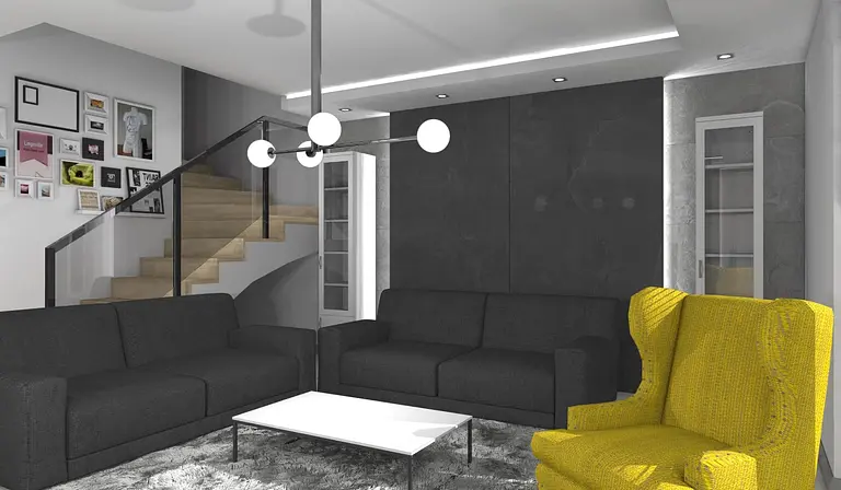 Wnętrze salonu w stylu industrialnym z czarnymi sofami, żółtym fotelem oraz nowoczesnym oświetleniem.