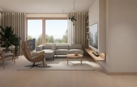 Wnętrze salonu w stylu minimalistycznym, soft minimalizm z nowoczesnymi akcentami.