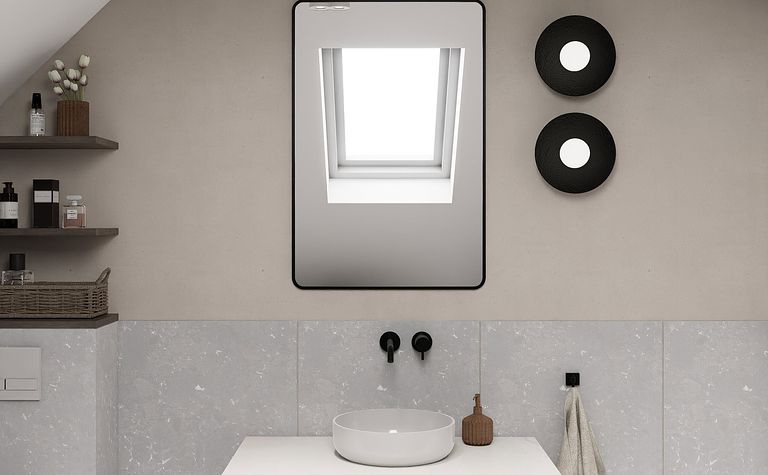 Nowoczesna łazienka z minimalistycznym designem, szarymi ścianami i białą umywalką.