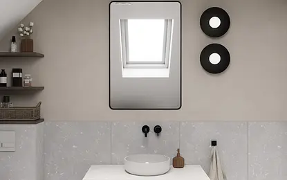Nowoczesna łazienka z minimalistycznym designem, szarymi ścianami i białą umywalką.