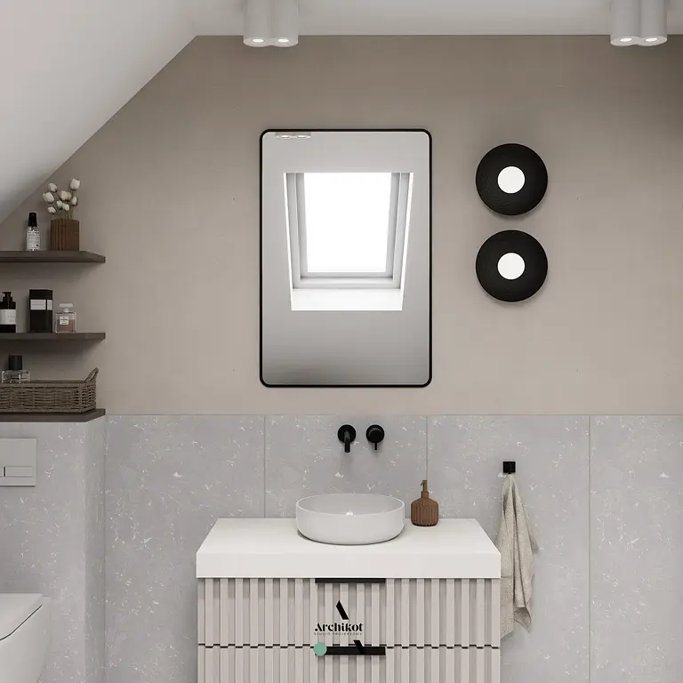 Nowoczesna łazienka z minimalistycznym designem, szarymi ścianami i białą umywalką.
