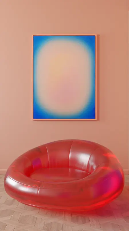 Wnętrze z różowym fotelem i niebieskim obrazem w stylu dopamine decor.