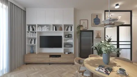 Wnętrze salonu w stylu boho, japandi, minimalistycznym z drewnianymi akcentami.