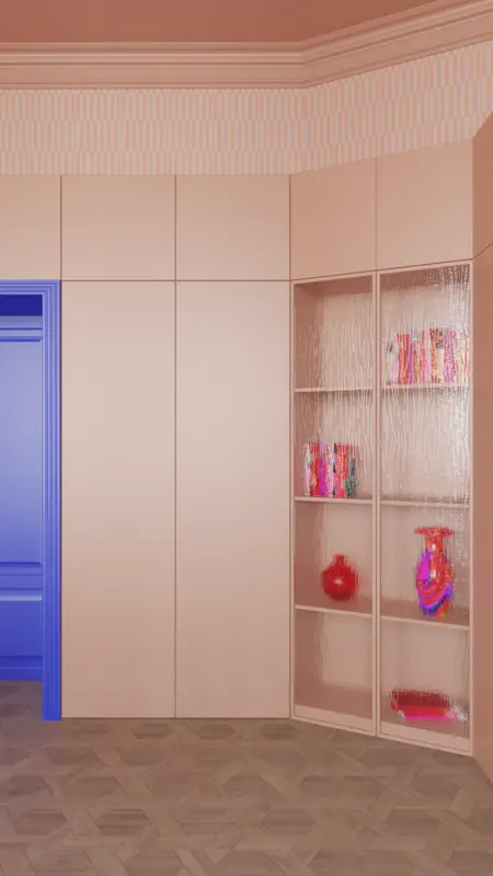 Garderoba z różowymi meblami, niebieskimi drzwiami i dekorami dopamine decor.
