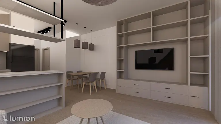 Nowoczesny salon z minimalistycznym wystrojem, jasnymi meblami i drewnianymi detalami.