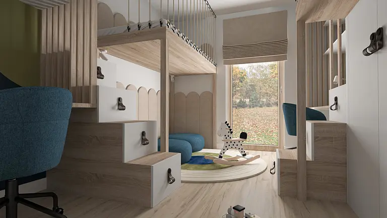 Wnętrze pokoju dla dzieci z drewnianymi meblami, niebieskimi akcentami i elementami dopamine decor.