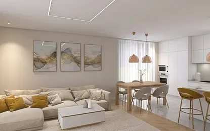 Wnętrze salonu z beżową kanapą i drewnianym stołem, minimalistyczny i nowoczesny styl.