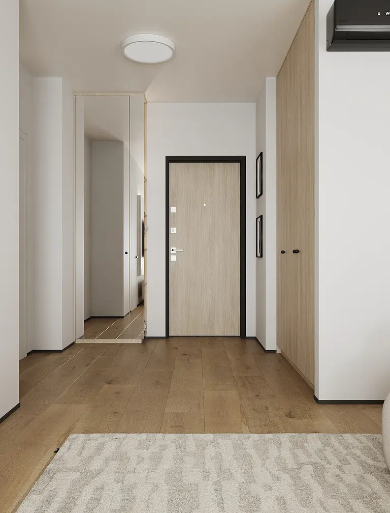 Przedpokój w stylach industrialnym, japandi, minimalistycznym i nowoczesnym z drewnianą podłogą.