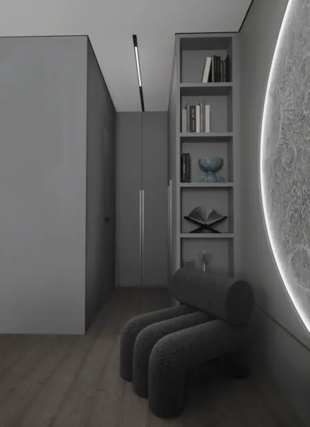 Minimalistyczne wnętrze z szarymi meblami i skandynawskim akcentem.