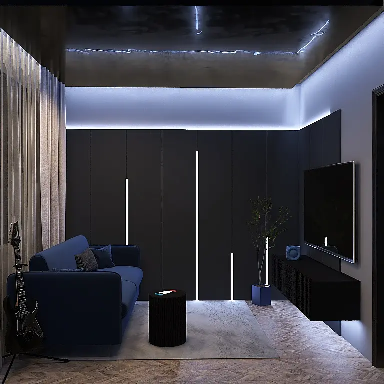 Nowoczesny salon z niebieską sofą, czarnymi meblami i oświetleniem LED.