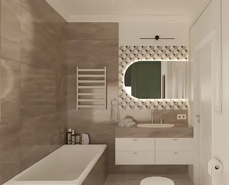 Wnętrze łazienki z brązowymi płytkami, wanną i minimalistycznym designem