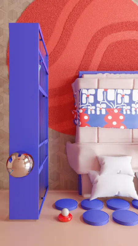 Wnętrze pokoju z niebieskimi elementami i kolorowymi poduszkami w stylu dopamine decor.