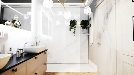 Nowoczesna łazienka z elementami glamour i quiet luxury, z białymi meblami i roślinami.