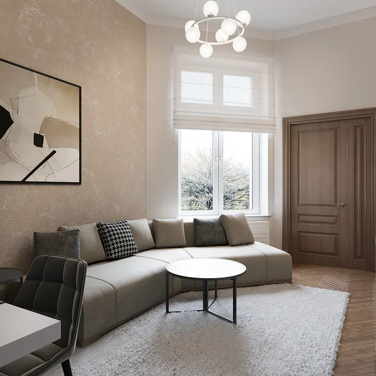 Wnętrze salonu w stylu art deco z kanapą i białym stolikiem.
