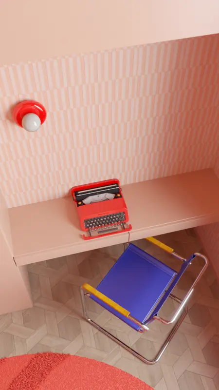 Biuro z czerwonym typografem, niebieskim krzesłem i różowymi ścianami, dopamine decor.