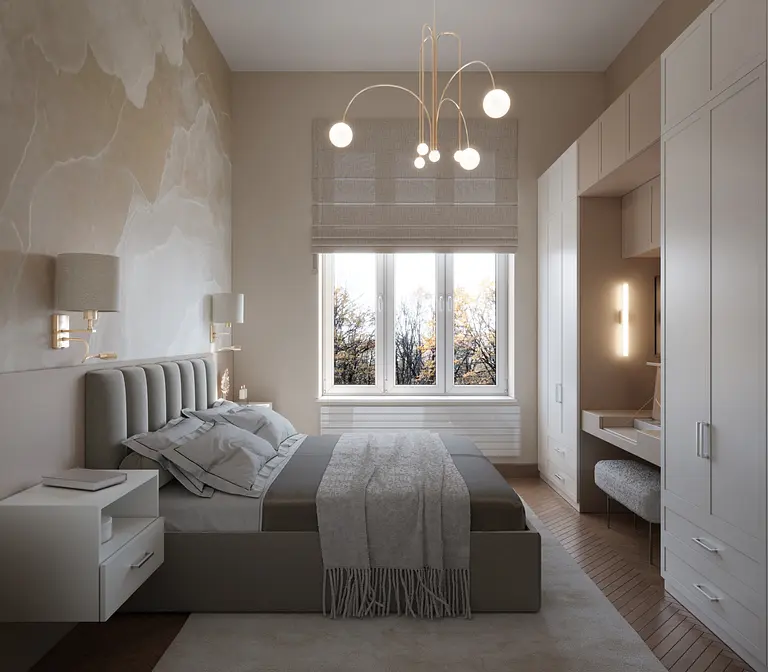 Wnętrze sypialni w stylu art deco z glamour i soft minimalizm, z jasnymi meblami.