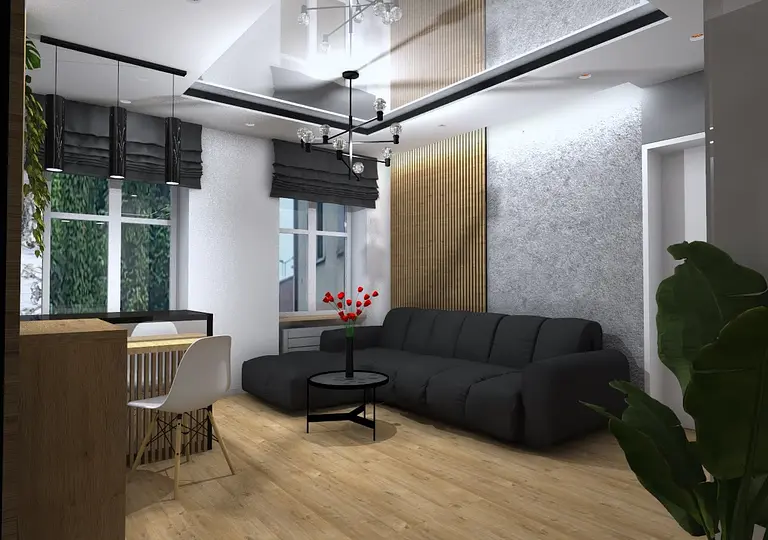 Wnętrze salonu w stylu industrialnym z nowoczesnymi akcentami, skandynawskim designem.